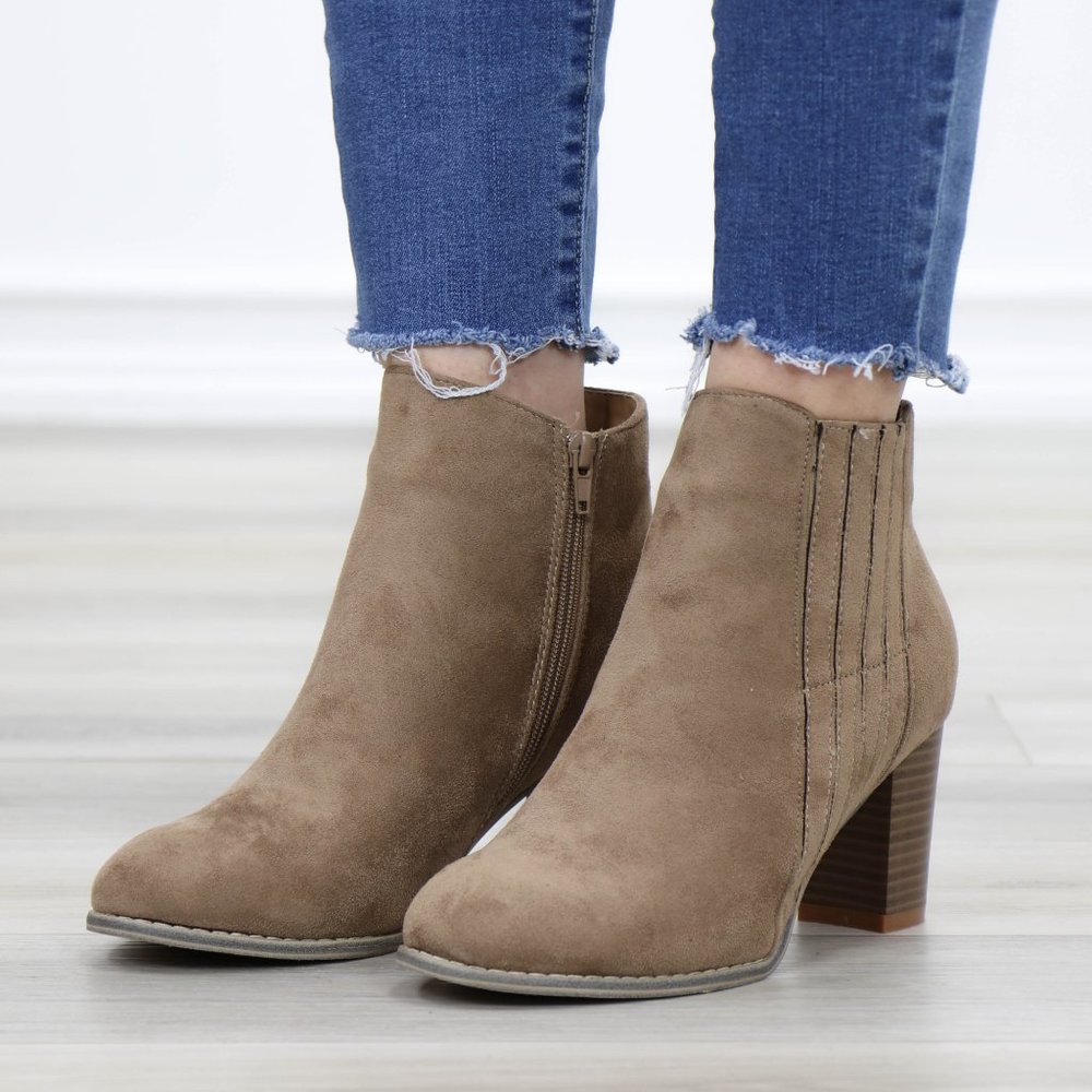 Faux Suede Bock Heel Ankle Bootie - Picture 13 of 13